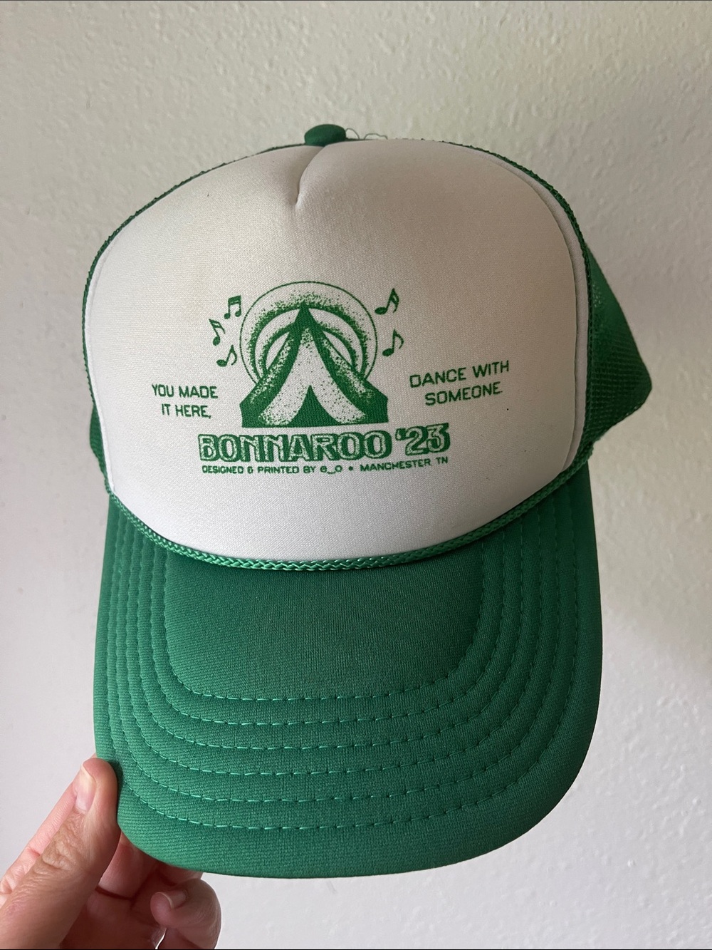 Bonnaroo '23 Vintage Style Green and White Trucker Hat